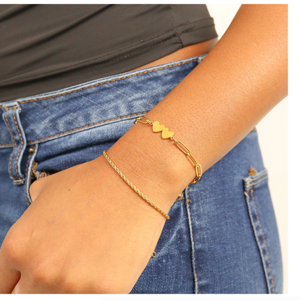 Two Heart Paperclip Bracelet - 18K Gold PVD Stainless Steel