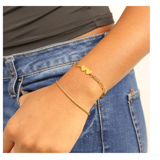 Two Heart Paperclip Bracelet - 18K Gold PVD Stainless Steel